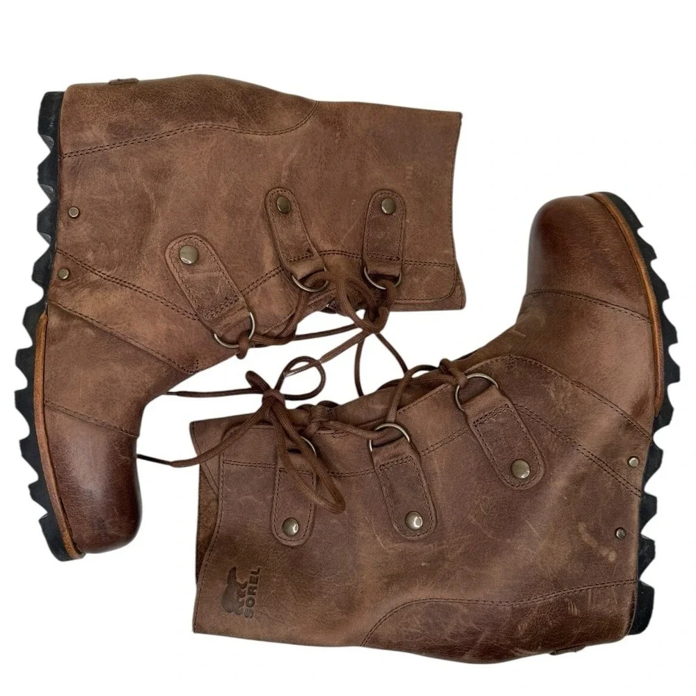 SOREL Joan Of Arctic Wedge Mid‎ Tobacco Leather Women's Size 9.5